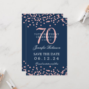 Rose Gold 70th Birthday Save Date Details Navy Blu Invitation