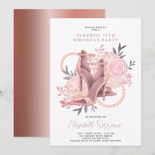 Rose Gold 70th Birthday Surprise Invitation (Front/Back)