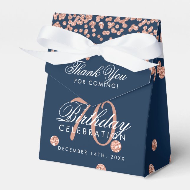 Rose Gold 70th Birthday Thank You Confetti Navy Favor Boxes (Front Side)