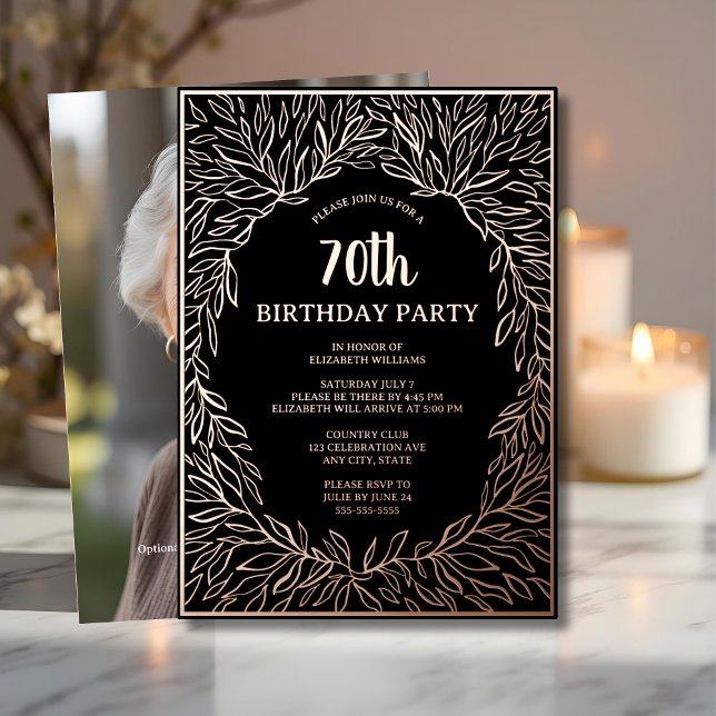 Rose Gold 70th Custom Hand Drawn Birthday     Foil Invitation (Creator Uploaded)