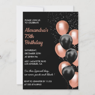 Rose gold 75th birthday invitation Balloon Black