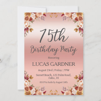 Rose gold 75th birthday invitations