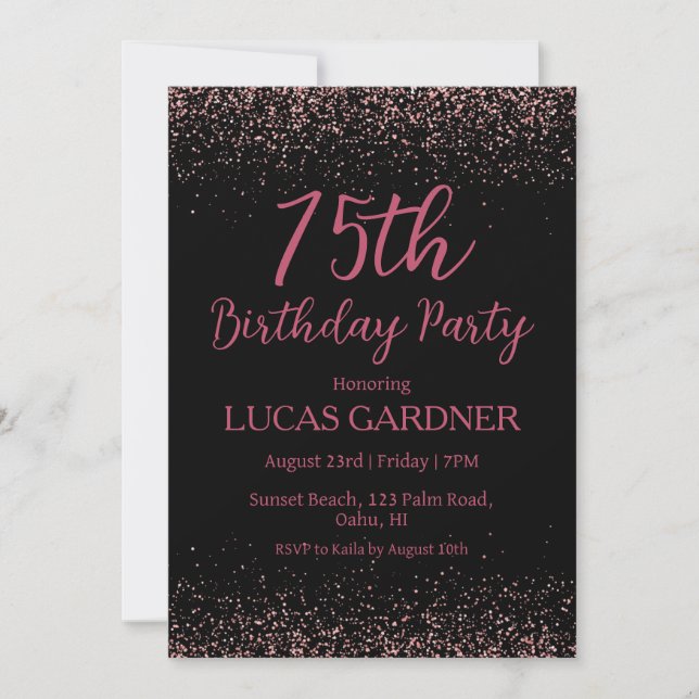 Rose gold 75th birthday invitations (Front)
