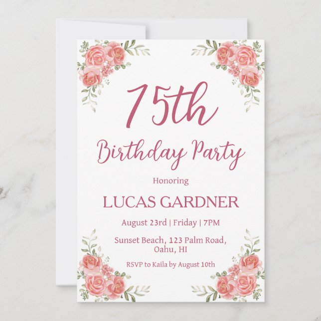 Rose gold 75th birthday invitations (Front)