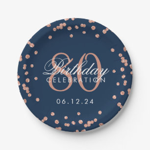 Rose Gold 80th Birthday Glitter Confetti Navy Blue Paper Plates