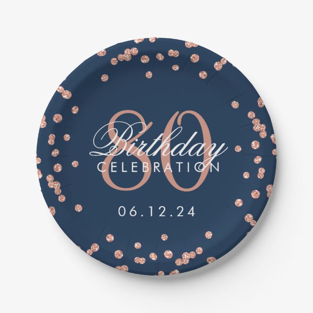 Rose Gold 80th Birthday Glitter Confetti Navy Blue Paper Plates (Front)