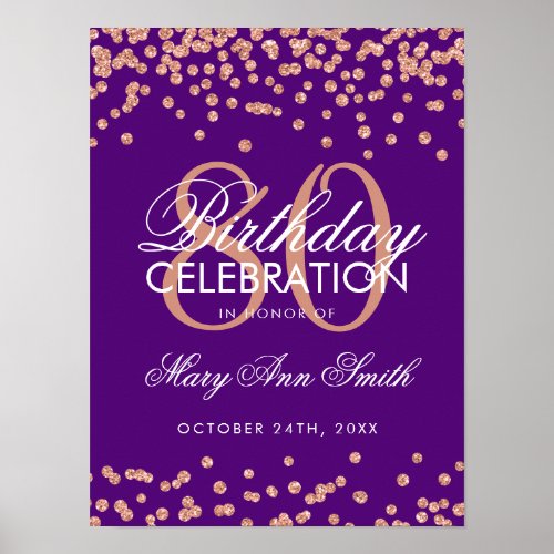 Rose Gold 80th Birthday Glitter Confetti Purple Poster