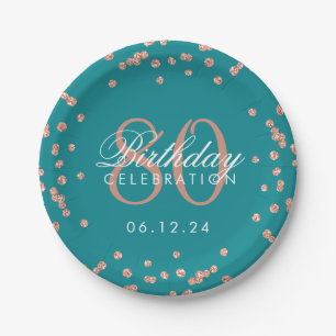 Rose Gold 80th Birthday Glitter Confetti Teal Paper Plates