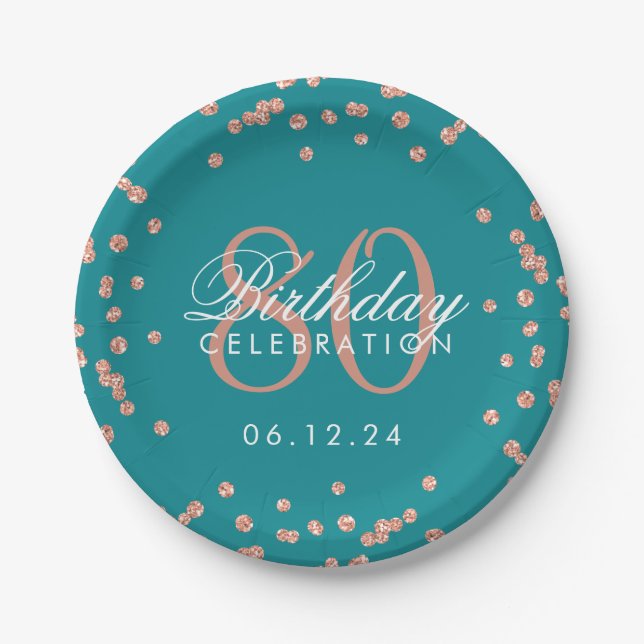Rose Gold 80th Birthday Glitter Confetti Teal Paper Plates (Front)