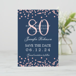 Rose Gold 80th Birthday Save Date Details Navy Blu Invitation