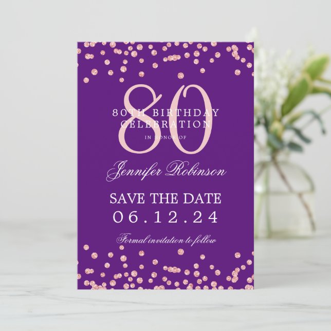 Rose Gold 80th Birthday Save Date Details Purple  Invitation (Standing Front)