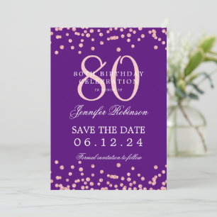 Rose Gold 80th Birthday Save Date Details Purple  Invitation