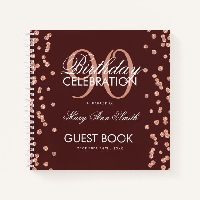 Rose Gold 90th Birthday Confetti Burgundy Notebook (Front)