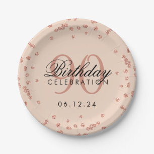 Rose Gold 90th Birthday Glitter Confetti Blush Paper Plates