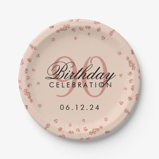 Rose Gold 90th Birthday Glitter Confetti Blush Paper Plates (Front)