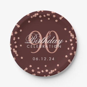 Rose Gold 90th Birthday Glitter Confetti Burgundy Paper Plates
