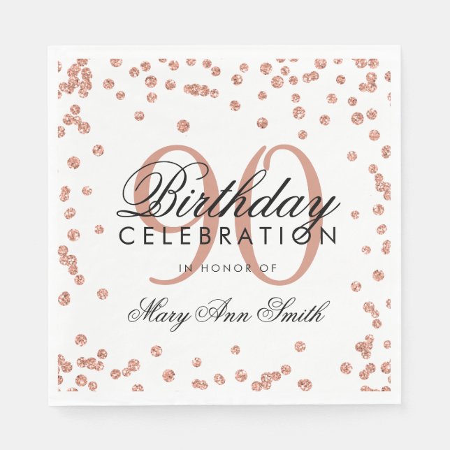 Rose Gold 90th Birthday Glitter Confetti White Napkins (Front)