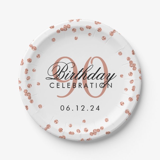 Rose Gold 90th Birthday Glitter Confetti White Paper Plates (Front)