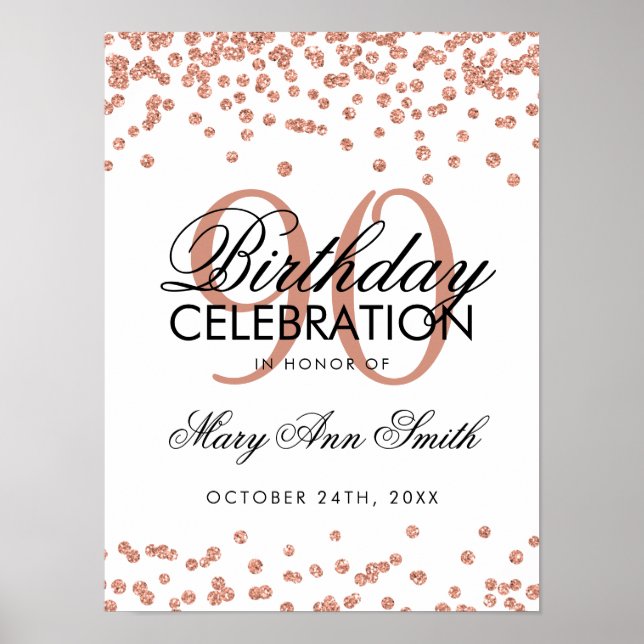 Rose Gold 90th Birthday Glitter Confetti White Poster (Front)