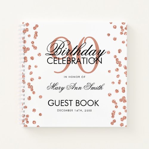 Rose Gold 90th Birthday Guestbook Confetti White Notebook