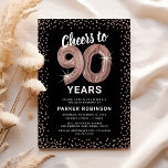 Rose Gold 90th Birthday Invitation<br><div class="desc">Elegant ninetieth birthday party invitation featuring a stylish black background that can be changed to any color,  rose gold sparkly glitter,  ninety rose gold hellium balloons,  and a modern 90th birthday celebration text template that is easy to personalize.</div>