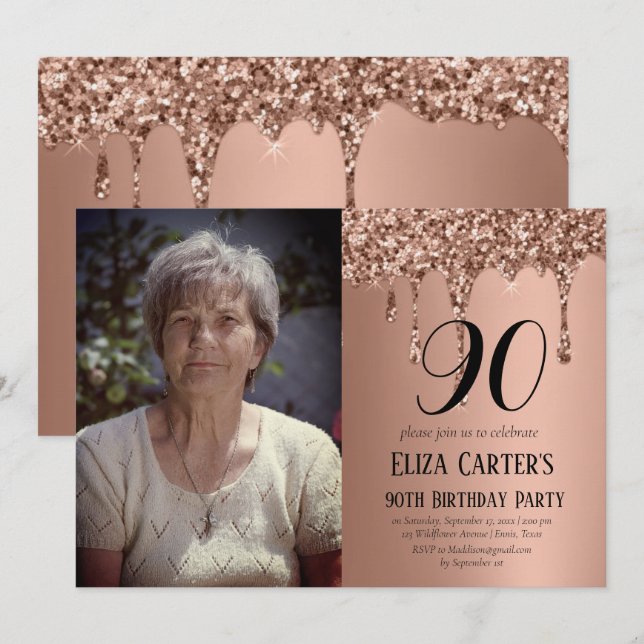 Rose Gold 90th Ninety Drip Elegant Birthday  Invitation (Front/Back)