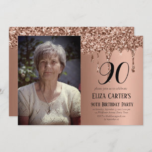 Rose Gold 90th Ninety Drip Elegant Birthday Invitation