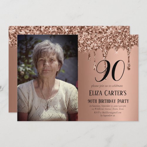 Rose Gold 90th Ninety Drip Elegant Birthday  Invitation