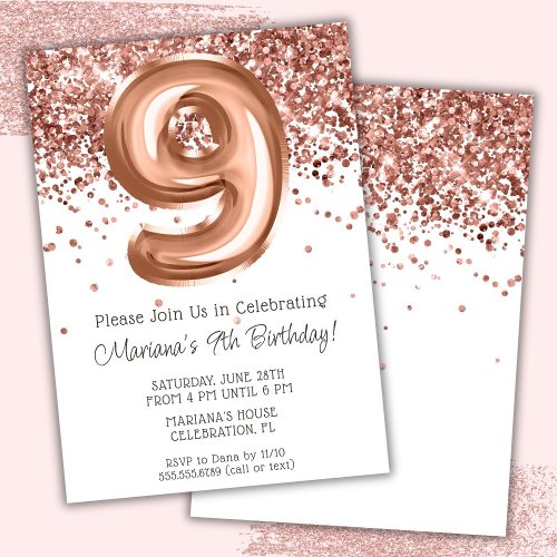 Rose Gold 9th Birthday Party Invitation