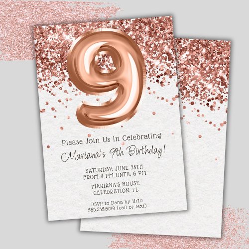 Rose Gold 9th Birthday Party Invitation