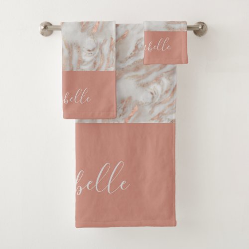 Rose gold abstract marble elegant girly name bath towel set