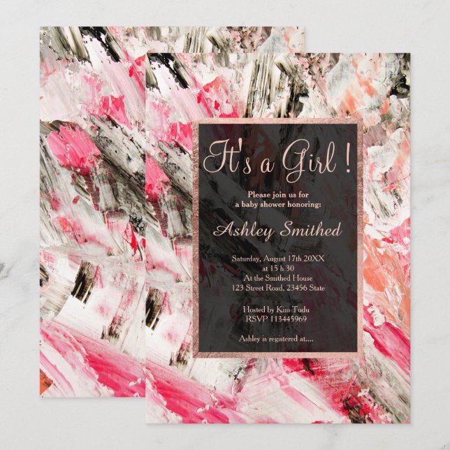 Rose gold acrylic brushstrokes girl baby shower invitation (Front/Back)