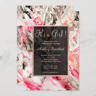 Rose gold acrylic brushstrokes girl baby shower invitation