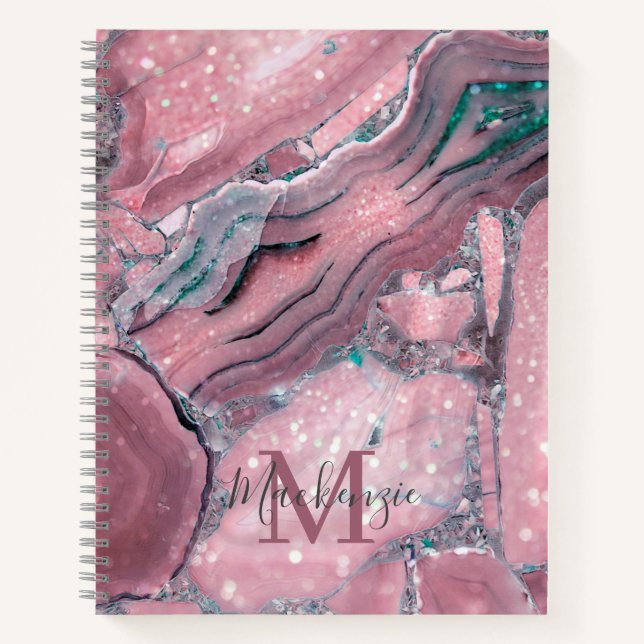 Rose Gold Agate Geode Chic Sparkle Monogram Notebook (Front)