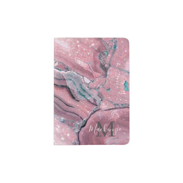 Rose Gold Agate Geode Chic Sparkle Monogram Passport Holder (Front)