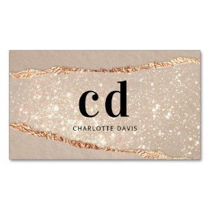Rose gold agate glitter marble monogram initials business card magnet