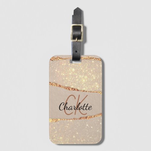 Rose gold agate glitter marble monogram luxury luggage tag