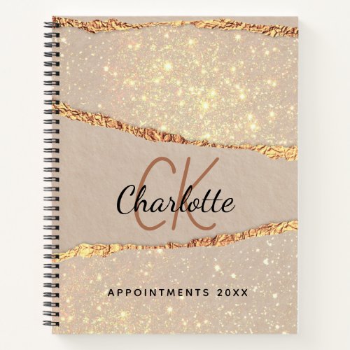 Rose gold agate glitter marble monogram luxury notebook