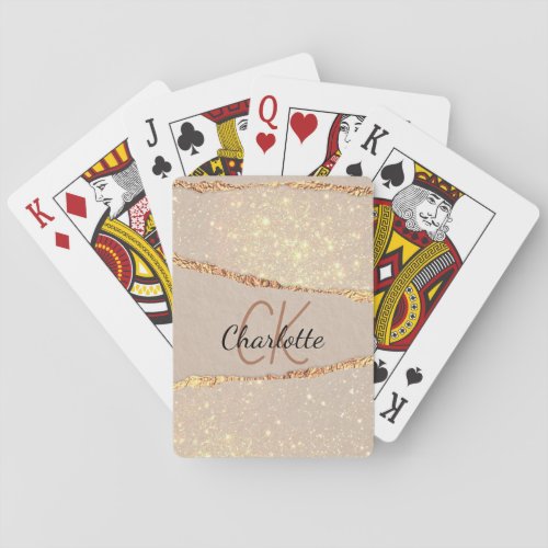 Rose gold agate glitter marble monogram luxury poker cards