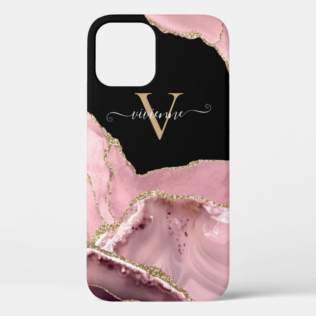 Rose Gold Agate Glitter Monogram Case-Mate iPhone Case (Back)