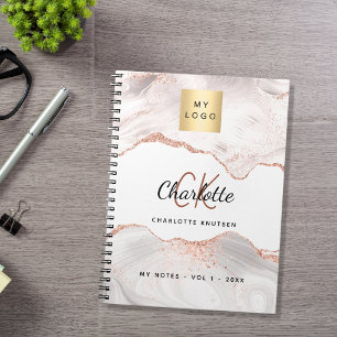 Rose gold agate logo monogram elegant business notebook