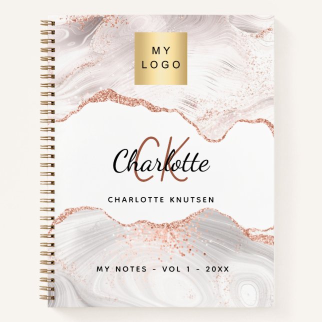 Rose gold agate logo monogram elegant business notebook (Front)