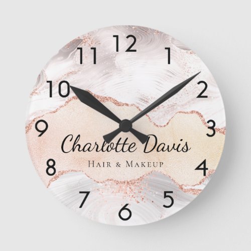 Rose gold agate marble name business round clock