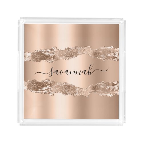 Rose gold agate marble name script acrylic tray