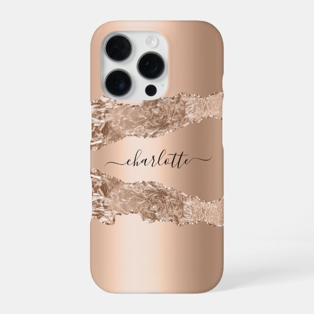 Rose gold agate marble name script iphone case (Back)