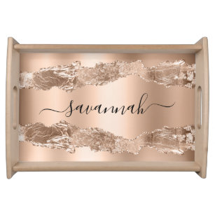 Rose gold agate marble name script serving tray