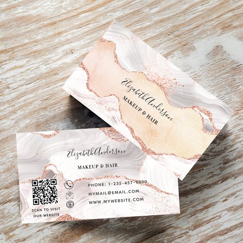 Rose gold agate marble QR code elegant Business Card