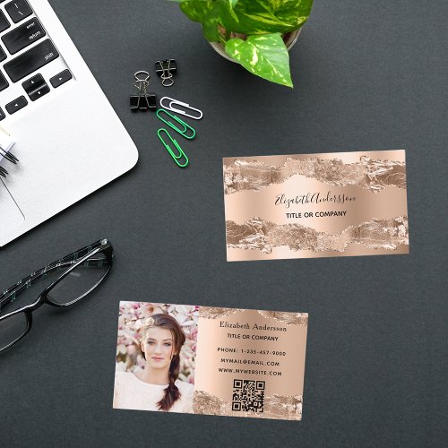 Rose gold agate marble QR code photo Business Card