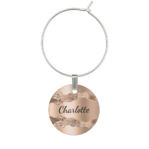 Rose gold agate name elegant script wine charm