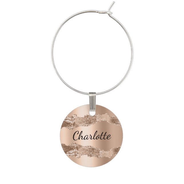 Rose gold agate name elegant script wine charm (Front)